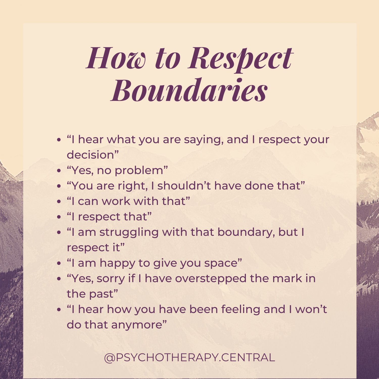 How to Respect Boundaries “I hear what you are saying, and I respect your decision” “Yes, no problem” “You are right, I shouldn’t have done that” “I can work with that” “I respect that” “I am struggling with that boundary, but I respect it” “I am happy to give you space” “Yes, sorry if I have overstepped the mark in the past” “I hear how you have been feeling and I won’t do that anymore”