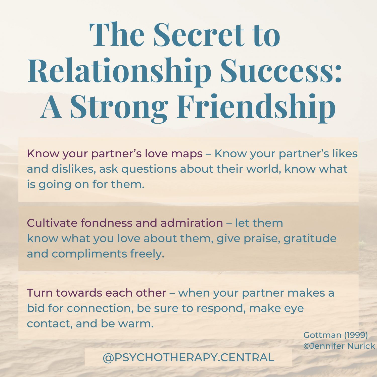 The secret to relationship success A strong friendship. Know your partner’s love maps – Know your partner’s likes and dislikes, ask questions about their world, know what is going on for them Cultivate fondness and admiration – let them know what you love about them, give compliments freely and give praise and gratitude. Turn towards each other – when your partner makes a bid for connection, be sure to respond, make eye contact, be warm.