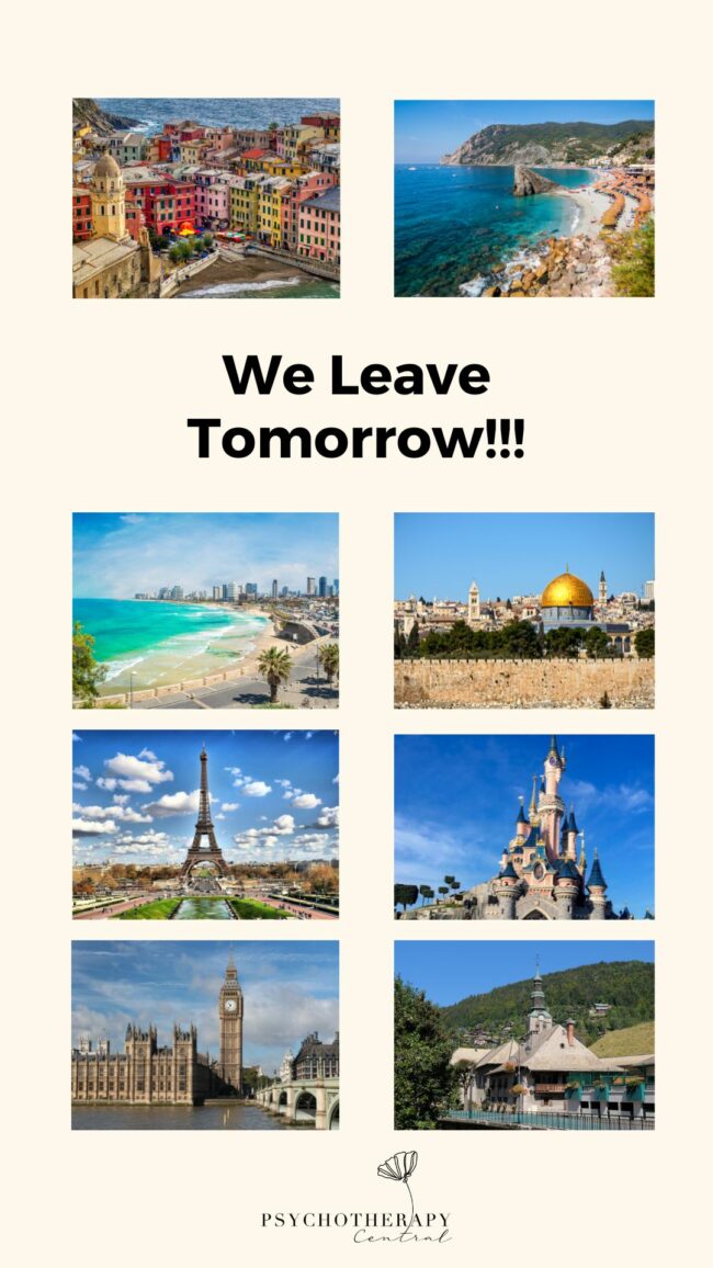 Pics of holiday destination with words that say "we leave tomorrow"